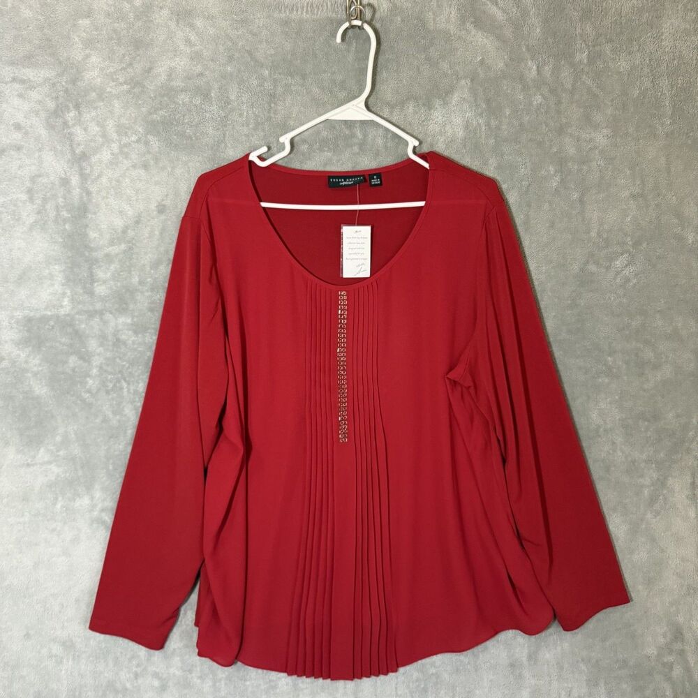 NWT Susan Graver Artisan Women Top 1X Red Pin Tucked Beaded Long Sleeve Tunic